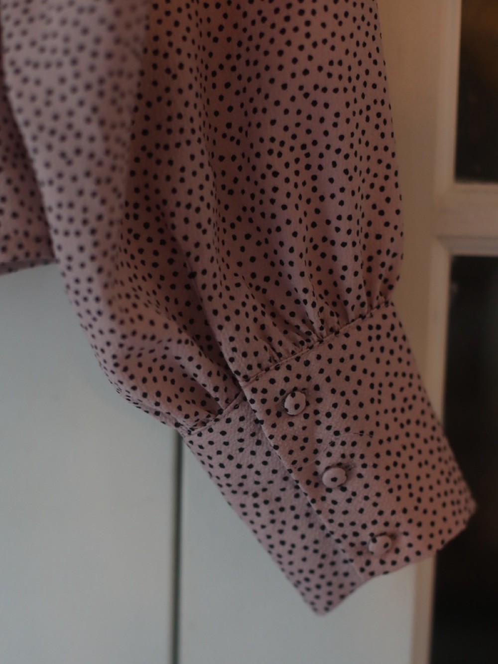 NWT Maison d’Amelie Medium Rose Pink Black Polka Dot Ruffle Neck Blouse - Picture 8 of 9